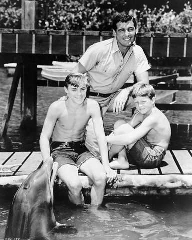 Boys W/Dolphin In Scene From "Flipper"
