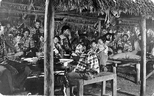 Seminole Indians gathered under a chickee