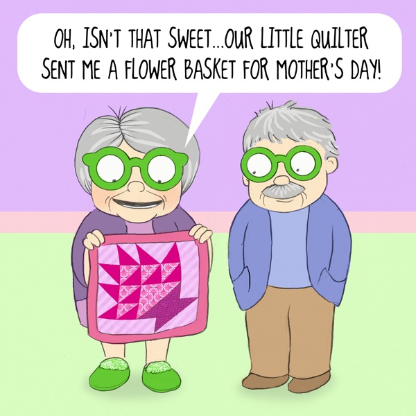 "N'est-ce pas adorable... Notre petite quilteuse m'a envoyé un panier de fleurs pour la fête des mères !" - Dessin de Julia Icenogle pour Kansas City Star Quilts.   